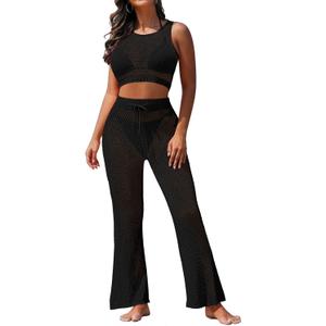 Pink Queen Women's Swimsuit Cover Up Set 2 Pieces Crochet Sleeveless Crop Top Wide Leg Long Pants Beach Coverups, Small, Black 