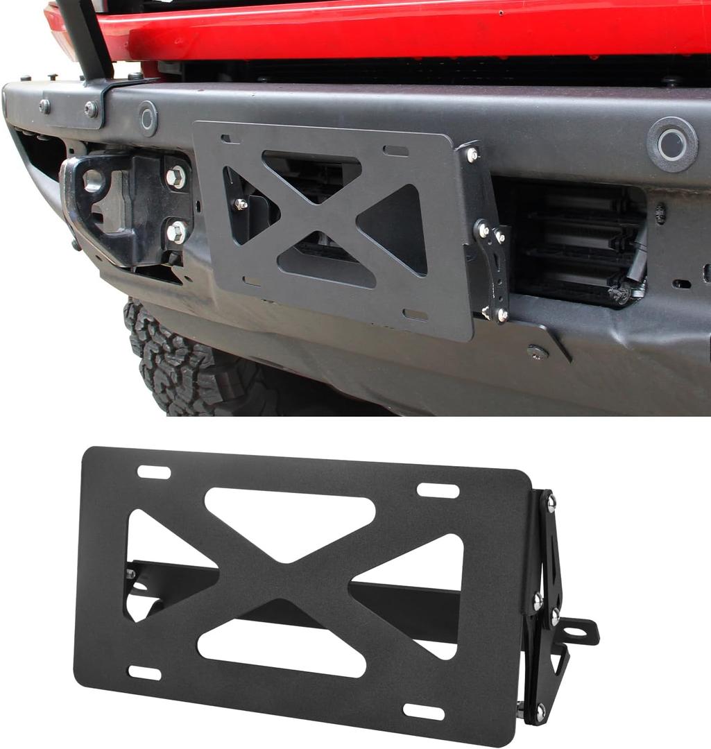 Front License Plate Bracket Compatible with 2021-2025 Ford Bronco with Heavy-Duty Modular Bumper, Adjustable Steel Tag Frame Holder No Drill Mount Exterior Accessoriest
