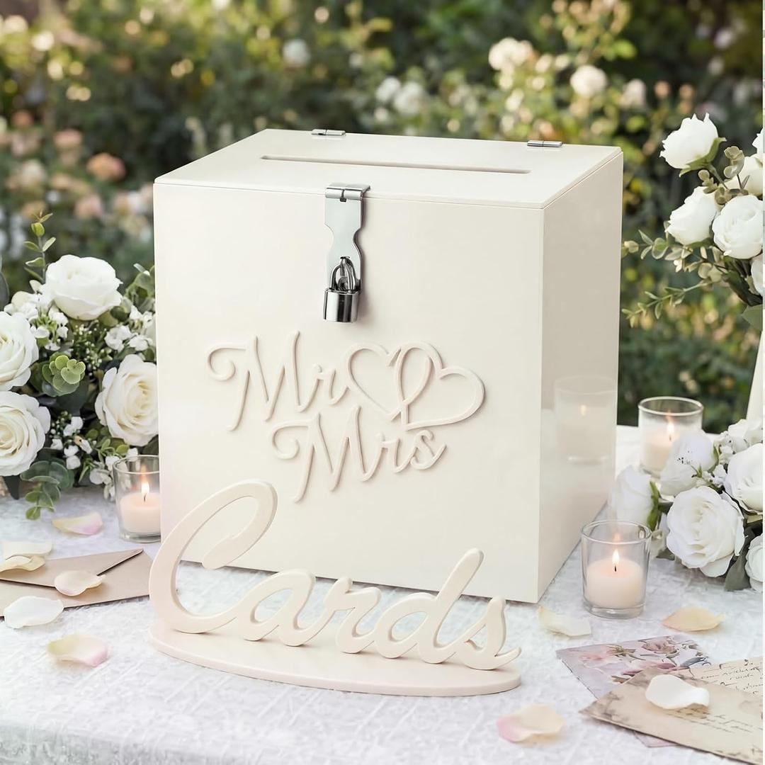 Chumia Cream White Acrylic Wedding Card Box with Lock, 3D Embossed Mr and Mrs Gift Card Box with Cards Sign for Wedding Reception, Bridal Shower, Engagement, Anniversary Party