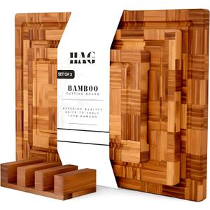 Bamboo Cutting Board Set of 3 in Large, XL and XXL Sizes, Heavy Duty Wooden Kitchen Boards, End Grain Butcher Block with Juice Groove, Durable Non-Slip Serving and Prep Boards
