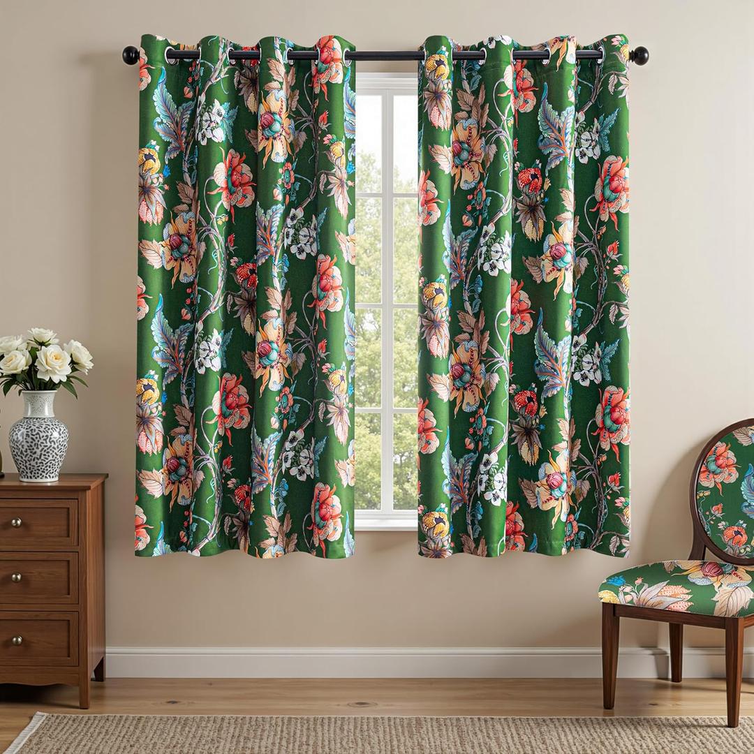 MYSKY HOME Floral Blackout Curtains 63 Inch Long Bedroom Black Out Thermal Insulated Room Darkening Curtain Printed Flower Vintage Style Grommet Window Treatments Living Room Kitchen, Pack-2, Green
