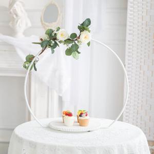 GENMOUS Wedding Cake Stand with Wood Stand Base, White 20" Round Arch Cake Stand Set, Metal Floral Hoop Centerpiece for Table, Large Cake Display Stand for Party, Events,Birthday Reception