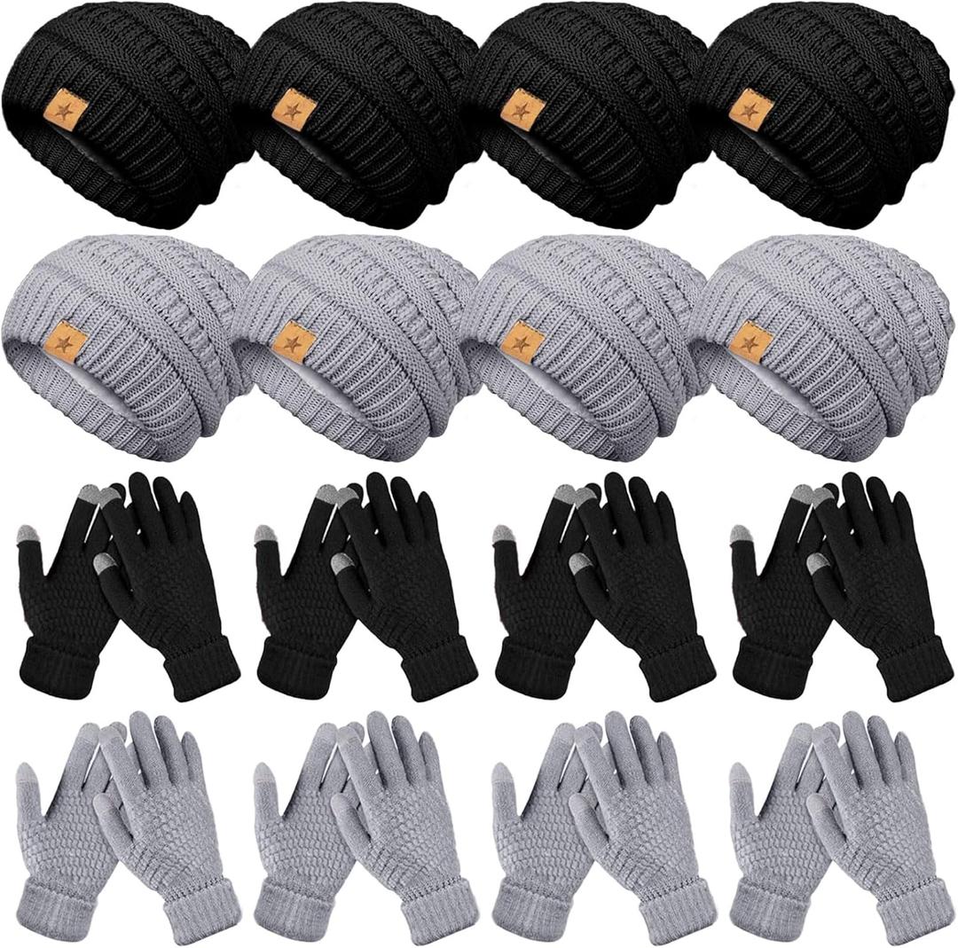 Suhine 8 Set Winter Warm Hat and Gloves Bulk Knitted Warm Beanies and Touchscreen Soft Gloves for Women Cold Weather (2 Colors)