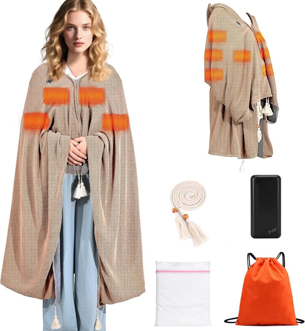 71" x 43" Wearable Heated Blanket, 20,000mAh 7.4V Power Bank, 3 Heat Levels, 11 Panels, Machine Washable, Laundry Bag & Belt