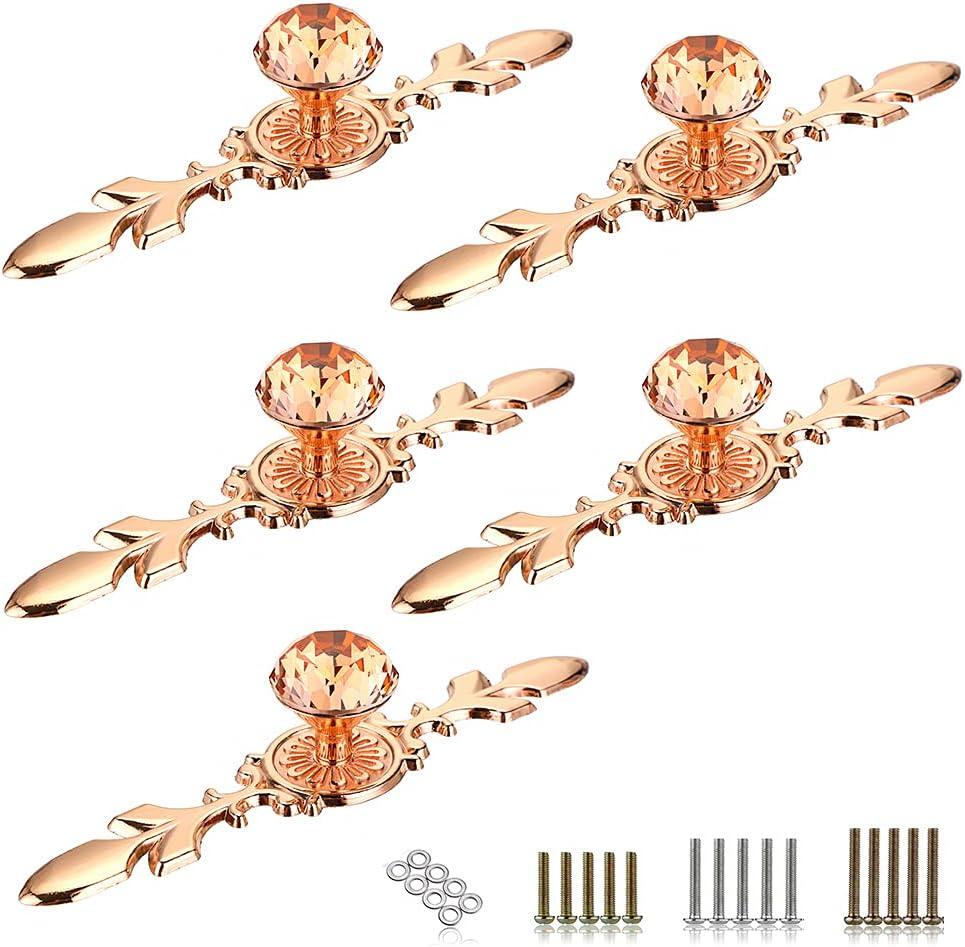 Sumnacon 5 Pcs 6.7 Inch Crystal Drawer Dresser Knobs - Diamond Cabinet Cupboard Door Knobs with Plates, Decorative Closet Wardrobe Pull Handles with Screws for Home Office Decor, Rose Gold