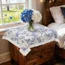Small Blue Floral Tablecloth Square 24 x 24 inch, Spring Burlap Linen Nightstand Cover, French Vintage Table Cover, End Bedside Chinoiserie Flower Table Cloth, Washable Farmhouse Blue Home Decor