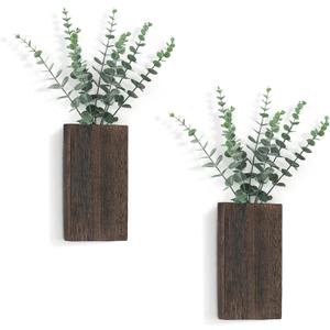 Dahey 2 Pack Wood Wall Planter Vase with Artificial Eucalyptus Farmhouse Wall Hanging Decor Pocket Planter for Indoor Fake Plants Greenery, Living Room Bedroom Kitchen Home Office Decoration (Medium, Brown)