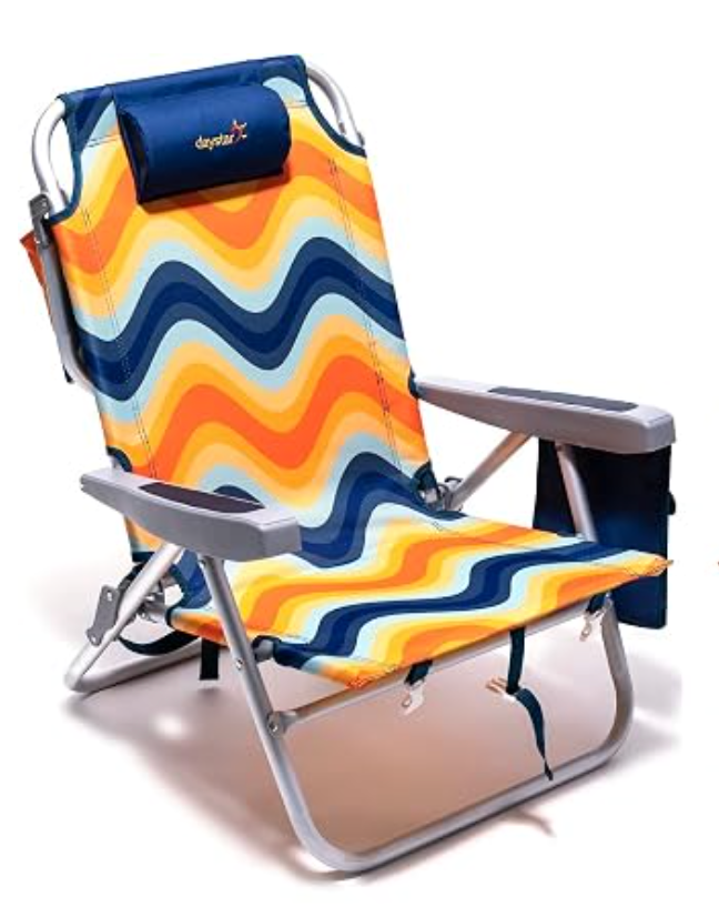 SUNNYFEEL Low Beach Chair 1 Pack, 5-Position Lay Flat Reclining, Backpack Portable Folding Chairs with Cooler Bag & Cup Holder, Heavy Duty 350 LBS, Compact for Beach, Camping, Travel