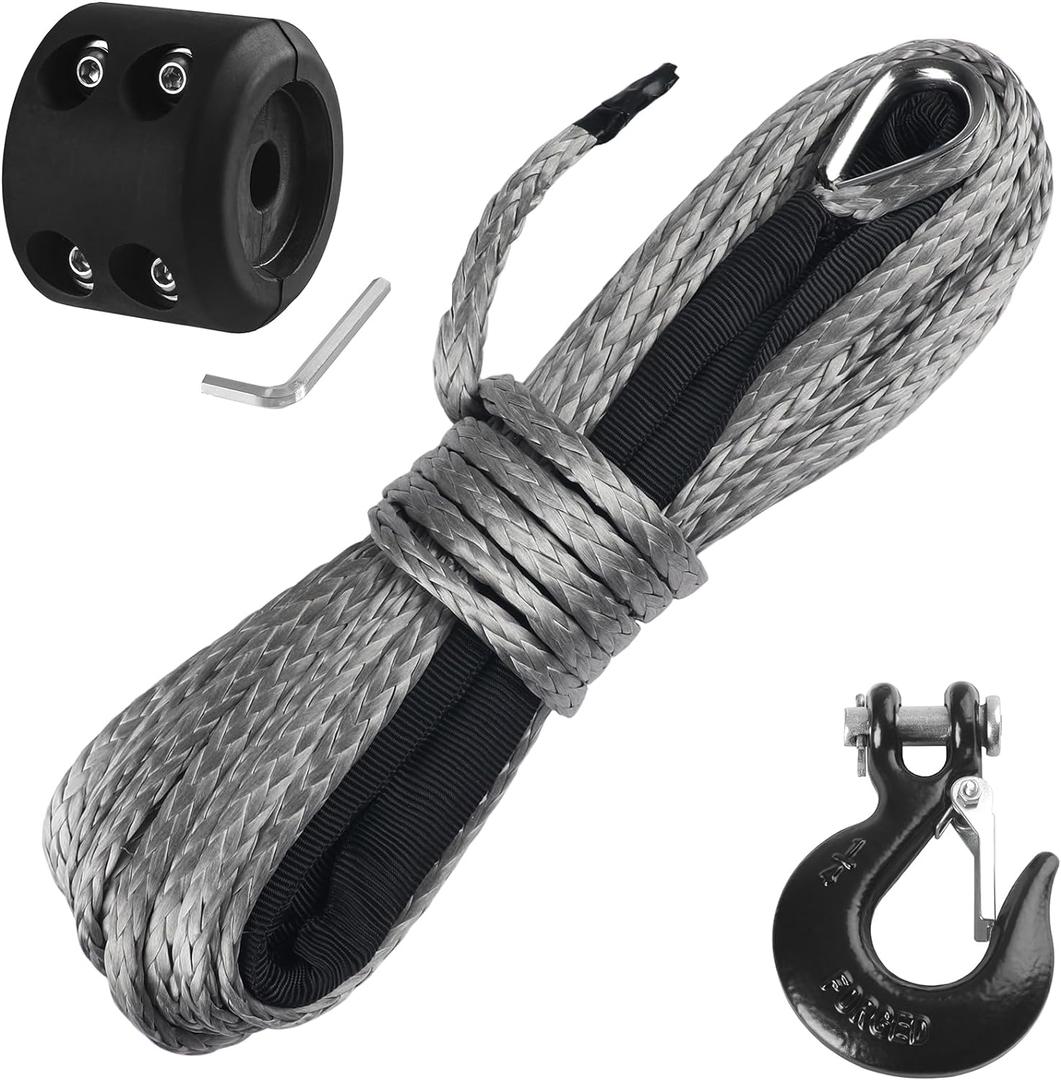 Ucreative 1/4 Inch x 50 Feet Synthetic Winch Rope 10,000LBs Line Cable with Hook and Stopper for ATV UTV (Gray)