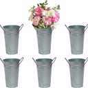 6 Pcs 12 Inch Galvanized Metal Vases Farmhouse French Tall Flower Bucket with Handles Metal Floral Container Vintage French Flower Containers for Party, Wedding Table Centerpiece Decorations