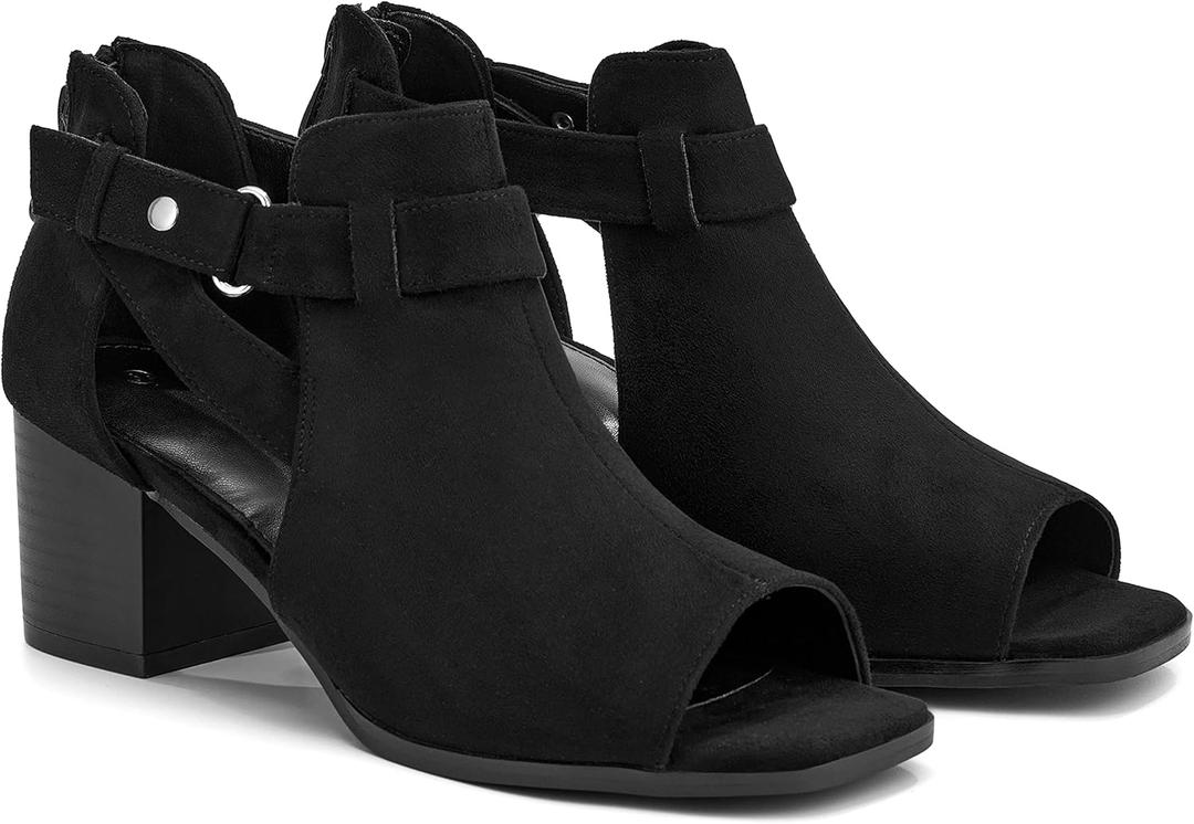 LAICIGO Womens Peep Toe Heels Chunky Heel Booties Open Toe Booty Cutout Dress Shoes with Back Zipper (9, Black)