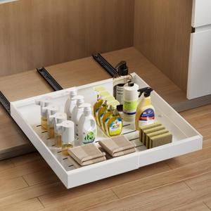 Expandable Pull Out Cabinet Organizer, 21"Deep Slide Out Drawer for Cabinets Adhesive Pull Out Drawers Heavy Duty Pull Out Shelves for Kitchen, Cupboard, Pantry, Bathroom(White,1-Pack)