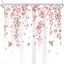 Riyidecor Pink Cherry Blossom Shower Curtain for Bathroom Decor 72Wx72H Asian Weeping Flower Birds Butterfly Japanese Sakura Floral Cute Art Printed Fabric Polyester Waterproof 12 Pack Metal Hooks