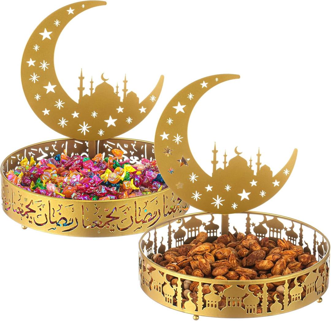 2 Pcs Ramadan Eid Plate Tray Mubarak Moon Dinner Tray Ramadan Serving plate Round Metal Muslim Dessert Trays Food Storage Display Holder for Eid Party Table Centerpiece