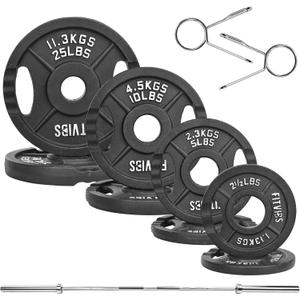 Fitvids Olympic Cast Iron 2-Inch Weight Plates Including 5FT Olympic Barbell Bar & Safely Locks, 100 Pounds Set (85 lbs Plates + 15 lbs Barbell Bar), Multiple Packages