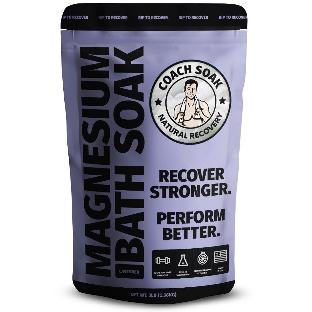 Coach Soak Recovery Bath Soak - Faster Absorption Than Epsom Salt for Pain - Rejuvenating Magnesium Flakes with 21 Minerals, Essential Oils & Bath Salts, 3lbs (Calming Lavender) (48 Ounce (Pack of 1))