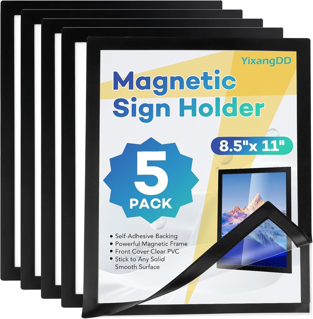 YixangDD 5 Pack Magnetic Sign Holder 8.5 x 11, Self-Adhesive Magnetic Wall Mount Sign Holder, Magnetic Document Holder for Wall Window Office Poster Store