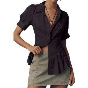 HOCANDY Women Short Puff Sleeve Button Down Shirt Cinched Waist Lapel Collar Corset Blouse Work Casual Pleated Tunic Shirt Black