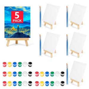 Pomaylor 5 Pack 5x7In Canvas Boards for Painting, Mini Canvases with Easels Set, Drawing Kits for Adults Party with Acrylic Paint, Canva, Easel, Brushes