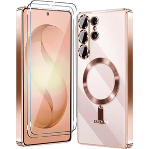 Magnetic Glossy Case for Samsung Galaxy S26 Ultra, S26 Ultra Phone Case Clear Luxury with Screen Protector X2 & Camera Protector [Compatible with MagSafe],Cover for Samsung S 26 Ultra-Rose Gold