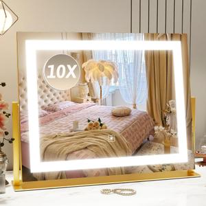 ROLOVE Vanity Mirror with Lights 22"x18", Lighted Makeup Mirror with 10X Magnification, Smart Touch 3 Colors Dimmable, 360 Rotation, Women Gift, Dresser Mount, Bathroom (Gold)