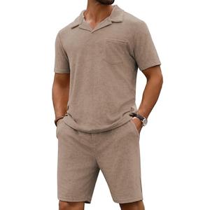 URRU Men's Polo Shirt and Shorts Set Summer Outfits Beach Terry Casual Short Sleeve 2 Piece Short Set for Men Coffee M