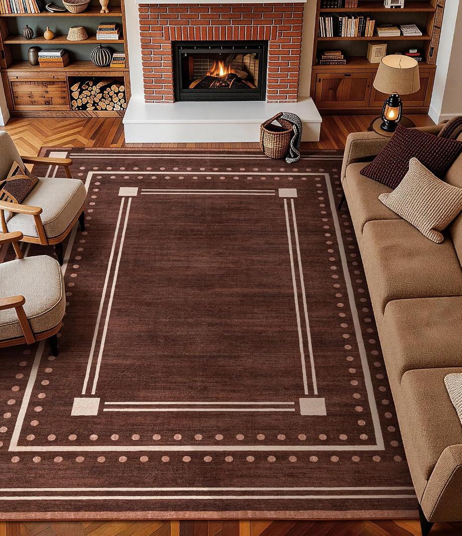 Brown Bordered Rugs for Living Room 8x10, Non-Slip Washable Farmhouse Bedroom Rug, Ultra-Soft Low-Pile Indoor Carpets, Stain-Resistant Vintage Polka Dot Rugs for Dining Room, Office