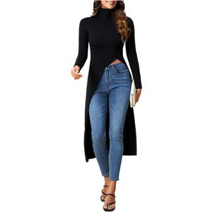 MakeMeChic Women's High Neck Long Sleeve T Shirt Asymmetrical High Low Hem Plain Tee Tops (X-Large, Black)