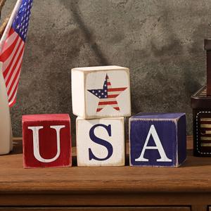 4th of July Decorations, 4Pcs USA Star Wooden Sign, Patriotic Decorations Rustic Farmhouse Table Decorations for Independence Day Gift Party Table Tired Tray Decor