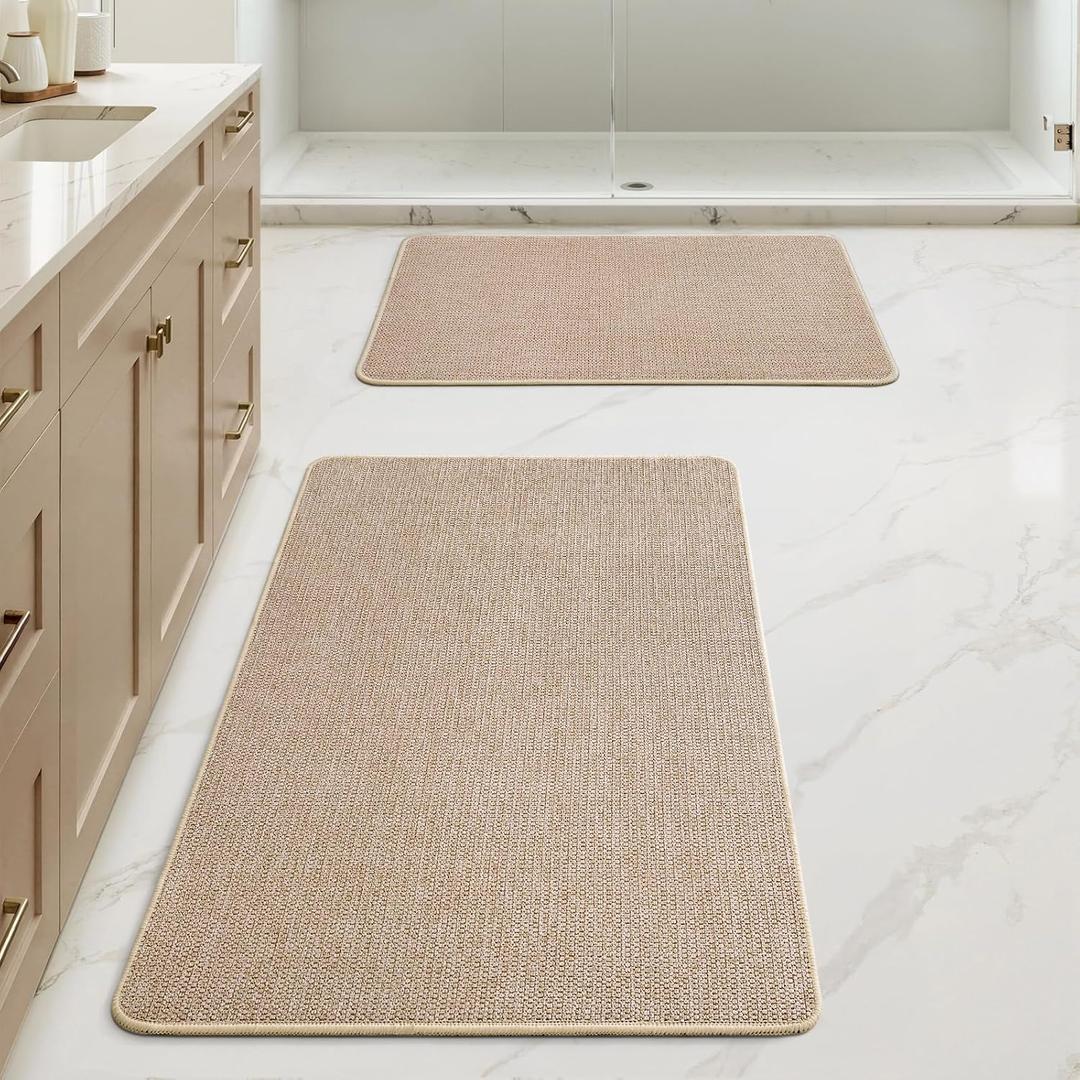 MIULEE Set of 2 Ultra Thin Bathroom Rugs, Rubber Bath Mats for Bathroom Non Slip, Quick Dry Absorbent Bath Rug Machine Washable, Fit Under Door, Shower, Sink, Home Decor, Beige, 17"x27"+20"x32" (L)