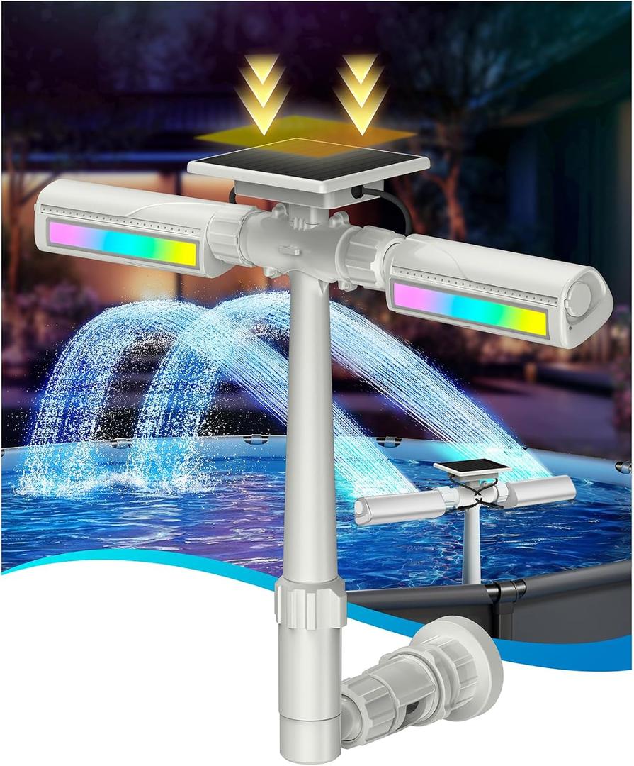 Solar Pool Fountain with 10-Color 4-Mode RGB LED Lights, Above/Inground Solar Lights with Remote, 360Adjustable Dual Spray Waterfall Sprinkler Fountain for Relaxation & Cooling 10-20F