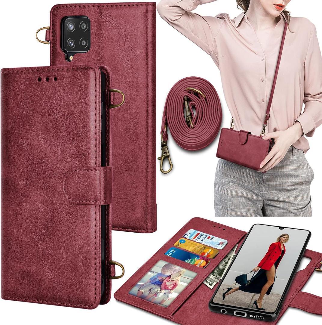 Galaxy A42 5G Wallet Case, Tekcoo Crossbody Shoulder Carrying Purse Cover with RFID Blocking Card Slots Holder Flip PU Leather [Detachable Magnetic Hard Case] for Samsung Galaxy A42 5G [Wine Red]