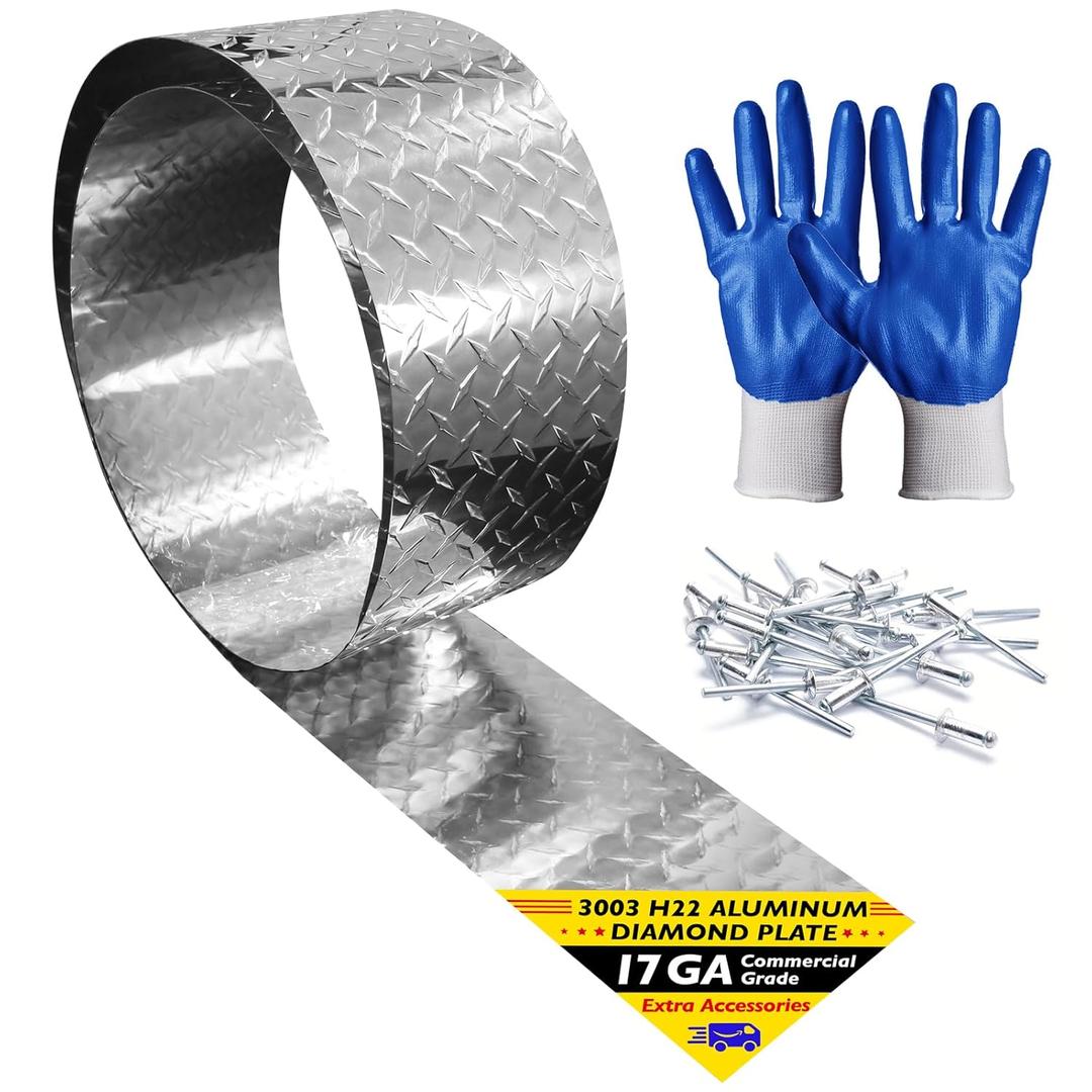 Aluminum Diamond Plate Sheet Metal  3003 H22 Corrosion & Rust Resistant  17 GA 0.045 Thick Commercial Grade  Stone Guard for Cargo Trailer, RV, Camper  14 in x 120 in. (Natural)