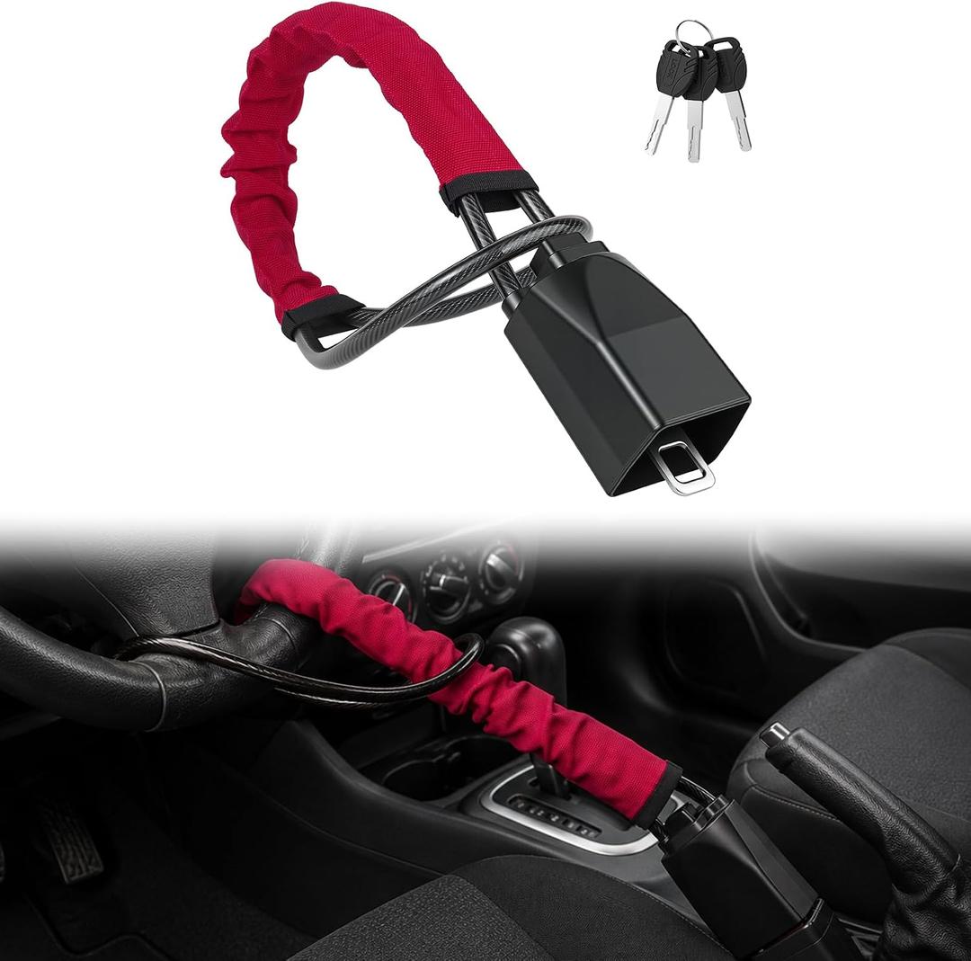 Car Steering Wheel Lock, Universal Anti-Theft Device,Thickened Steel Wire, Easy to Store,17 Inch Lightweight Security Lock for Car, SUV & Golf Cart,3 Keys Included(Red)