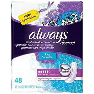 Discreet, Incontinence Pads, Maximum, Regular Length, 48 Count by Always