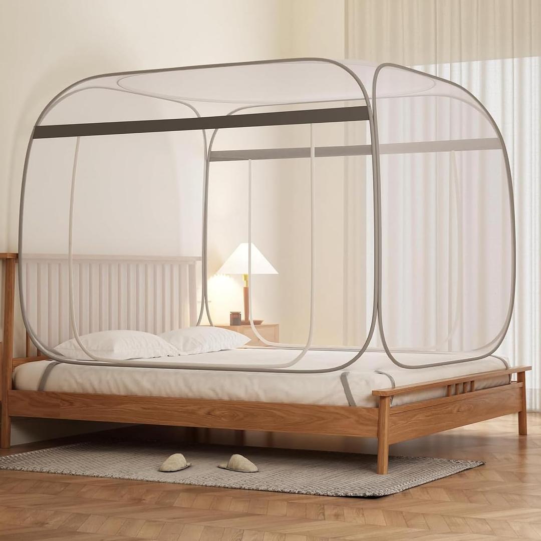 Pop-Up Mosquito Net Tent King Size, Portable Folding Mosquito Net with Bottom for Bedroom & Outdoor Camping, Double Zipper Doors, Breathable Honeycomb Mesh, Travel Bug Net for Family