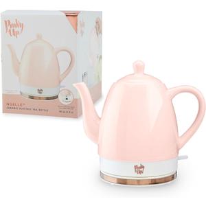 Pinky Up Noelle 1.5 L Pink Electric Ceramic Kettle with Gooseneck, Cute Water Boiler for Hot Teas and Pour Over Coffee, Blush with Rose Gold