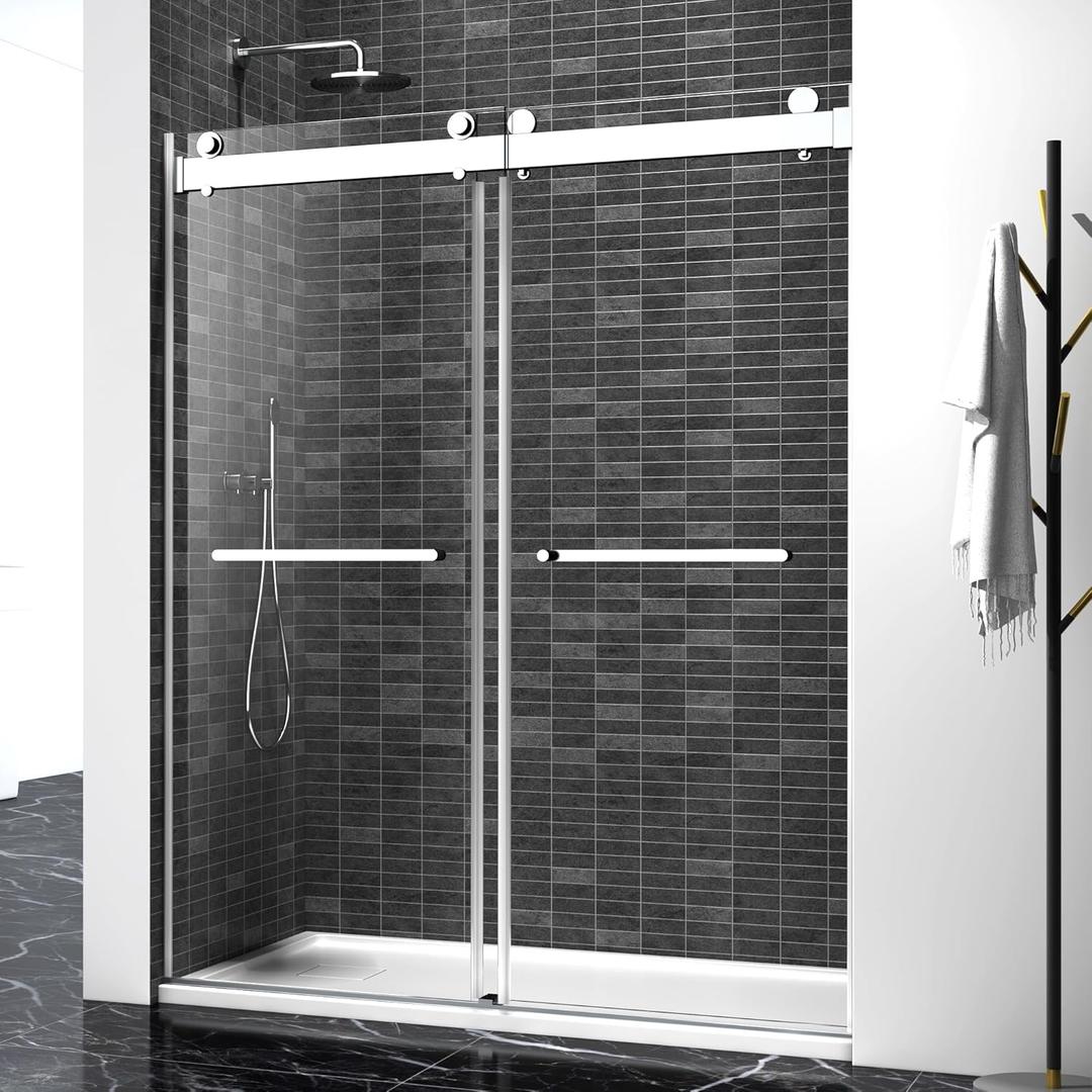 Shower Door,56-60" W x 76" H Frameless Shower Door, Double Sliding Glass with 3/8" (10mm) Clear SGCC Tempered, Roller Disc System, 304 Stainless Steel. (Brushed Nickel, 56-60" Wx76 H Double Sliding)