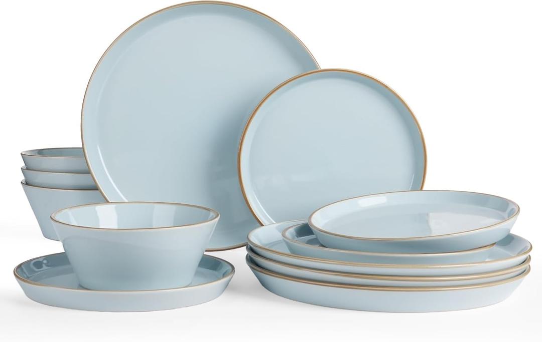 Famiware Saturn Dinnerware Sets, Plates and Bowls Sets for 4, 12 Pieces Stoneware Dish Set - Chip and Scratch Resistant, Microwave and Dishwasher Safe Tableware Set, Light Blue with Rim