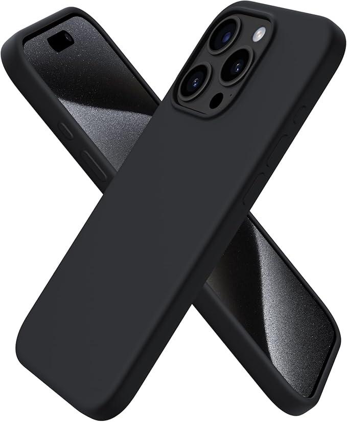 ORNARTO Compatible with iPhone 15 Pro Case 6.1", Liquid Silicone 3 Layers Full Covered Soft Gel Rubber Cover, Shockproof Protective Slim Phone Case with Anti-Scratch Microfiber Lining-Chalk, Black