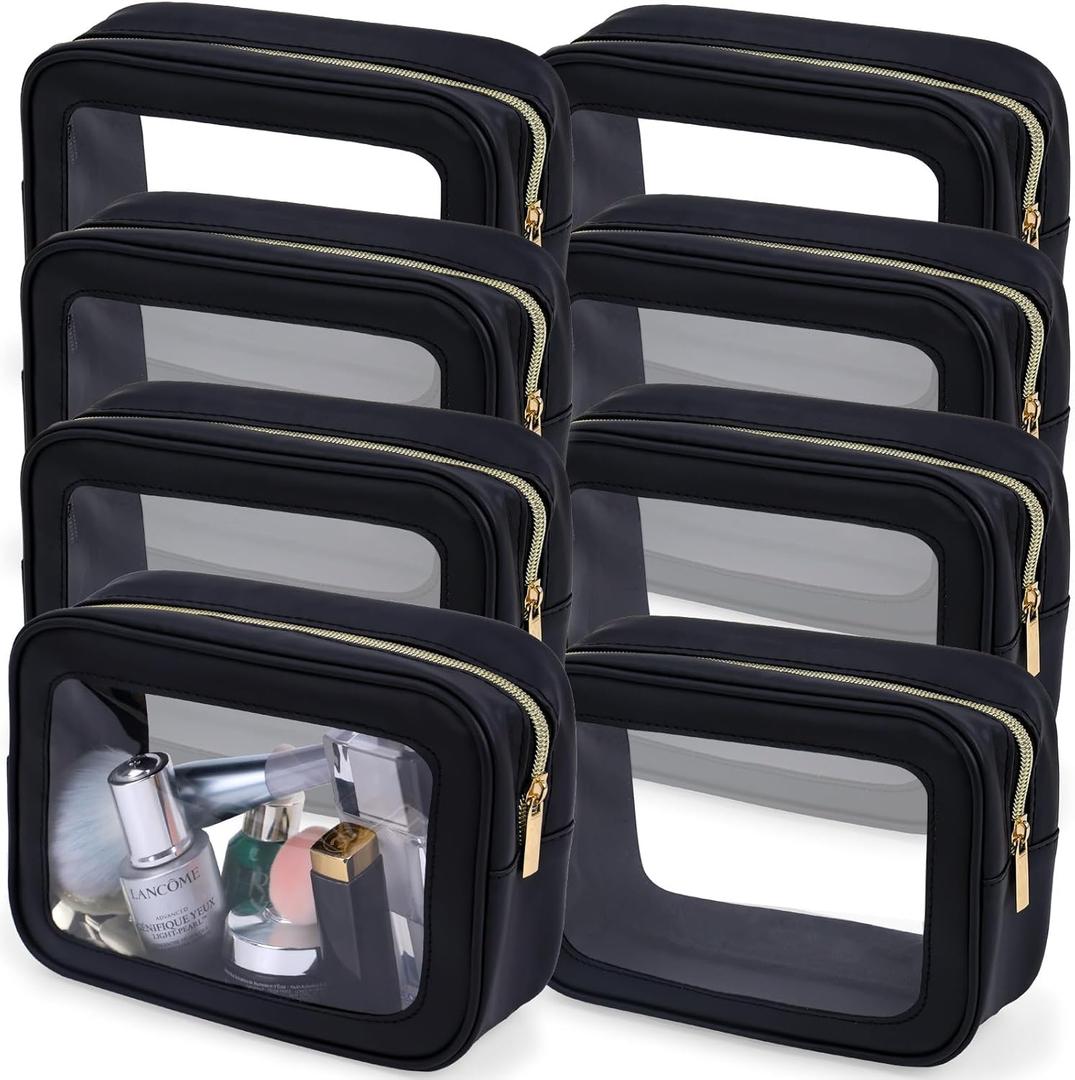 8 Packs TSA Approved Toiletry Bags Clear Toiletry Bags for Travel PVC Makeup Pouch Waterproof Quart Size Clear Cosmetic Bag with Zipper for Airport Airline Compliant Bag Women Men Travel Bathroom (Black)