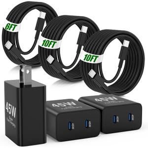 45W Super Fast Charger Type C for Samsung S26 S25 S24,3Pack 45W Dual Port USB C Fast Phone Charger Block & 6/10/10FT Type C Charging Cord for Samsung Galaxy S26 S25 Ultra/S23/S22,Android,iPhone 17, Black, 10FT+10FT+6FT