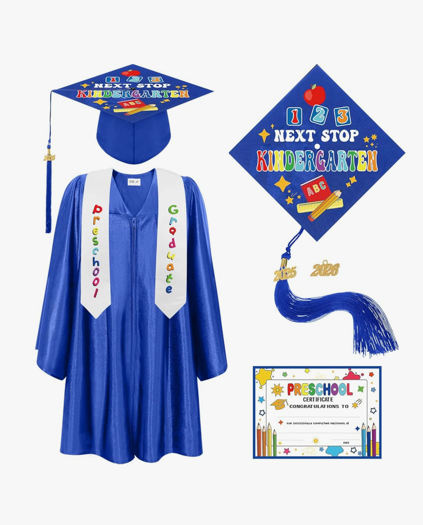Bokon 4 Pcs Kindergarten Preschool Graduation Cap and Gown with 2025 Tassel Graduation Stole and Certificate for Toddler Kids Size 33