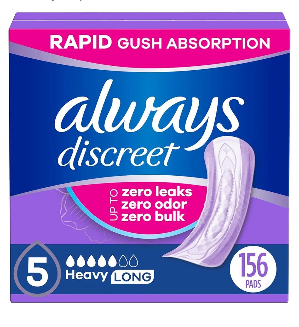 Always Discreet Adult Incontinence Pads for Women, Heavy Absorbency, Long Length, Postpartum Pads, 156 Count (4 Packs of 39)