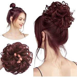 CJL HAIR Burgundy Large Messy Bun Hair Piece Wavy Curly Scrunchies Synthetic Chignon Ponytail Hair Extensions Thick Updo Hairpieces for Women Wine Red