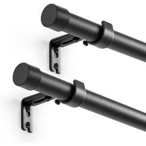 Heavy Duty Adjustable Curtain Rod for Windows 16 to 48 Inch, Matte Black Metal Curtain Rod 1 inch Diameter 30 lb Load (Black, 16-48 Set of 2)