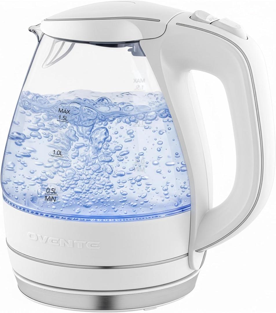 OVENTE Electric Kettle, 1.5L Borosilicate Glass Countertop Water Heater and Boiler for Coffee or Tea, BPA-Free, Auto Shut-Off, Boil-Dry Protection, Removable and Washable Spout Filter, White KG83W