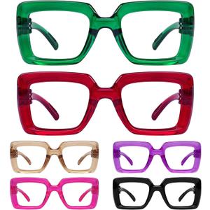 Eyekepper Women's Reading Glasses Metalless Screwless Spring Hinges 6 Pack Ladies Oversized Square Thick Frame Readers +1.25