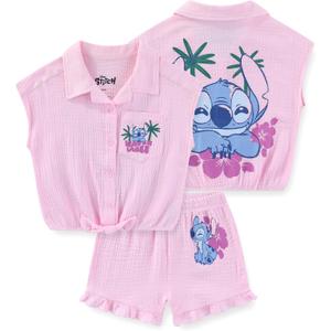 Disney Lilo & Stitch Girls Gauze Button Down Shirt and Shorts Set for Big Kids, 8