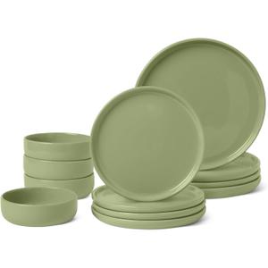 Amazon Basics Glazed Stoneware Dinnerware, 12-Piece Set, 4 Full Place Settings, Microwave and Dishwasher-Safe, Olive
